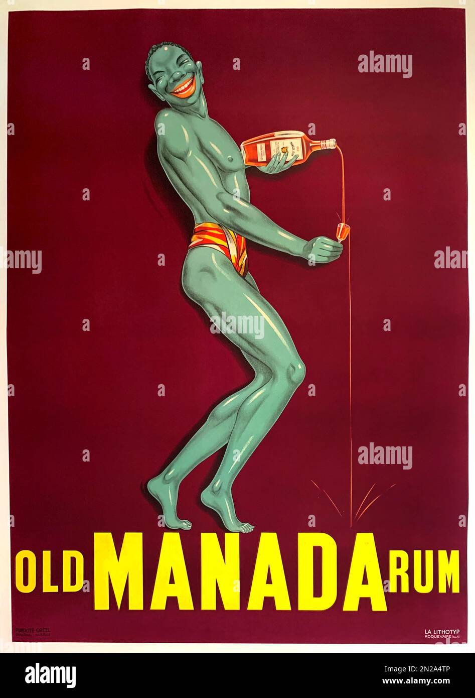 1930 ca ,  FRANCE : OLD MANADA RUM , pubblicity advertising poster . Shows a muscular Nubian man fitting the Green Fairy Absinthe myth, freely pouring alcohol into a tiny glass . The whole aesthetic was influenced by the great fashion of the time of the famous REVUE NEGRE ( at Folies Bergere ) with Josephine Baker in the middle of the Jazz Age of the Roaring Twenties . Artwork by unknown illustrator . - ART DECO - ARTE - ARTS - HISTORY - FOTO STORICHE - POSTER -  pubblicità - illustration - illustrazione - manifesto pubblicitario - ANNI TRENTA - 30's - '30 - illustrazione - alcolici - alcoolic Stock Photo