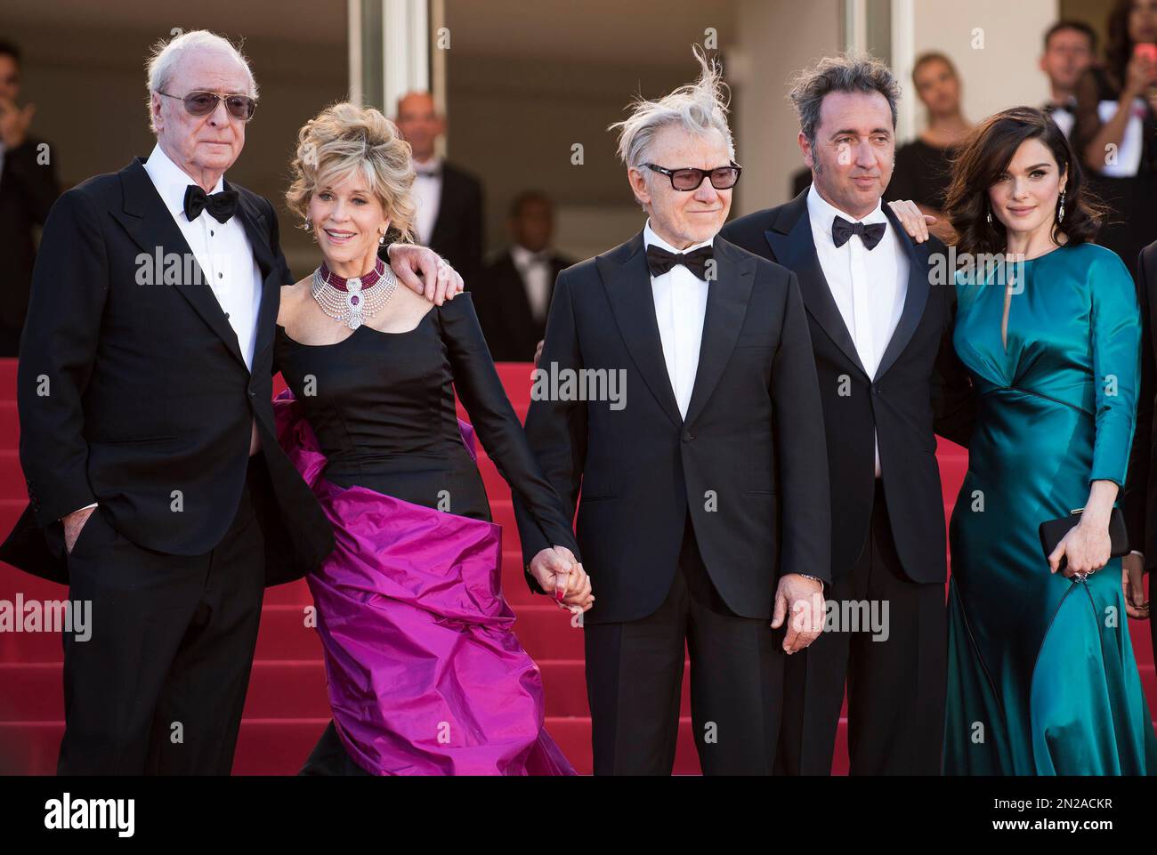 From left, actors Michael Caine, Jane Fonda, Harvey Keitel, director Paolo Sorrentino, actors