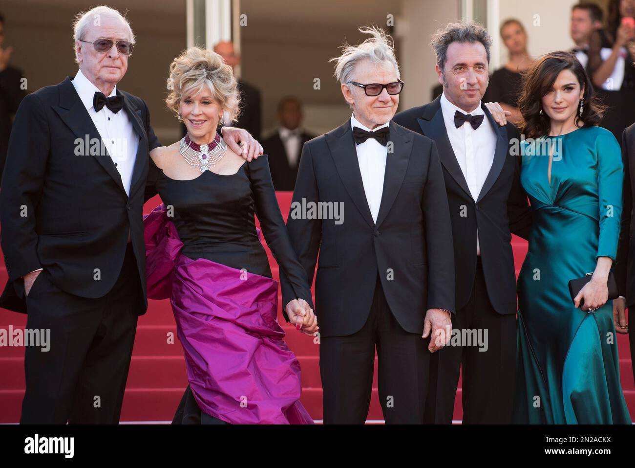 From left, actors Michael Caine, Jane Fonda, Harvey Keitel, director Paolo Sorrentino, actors
