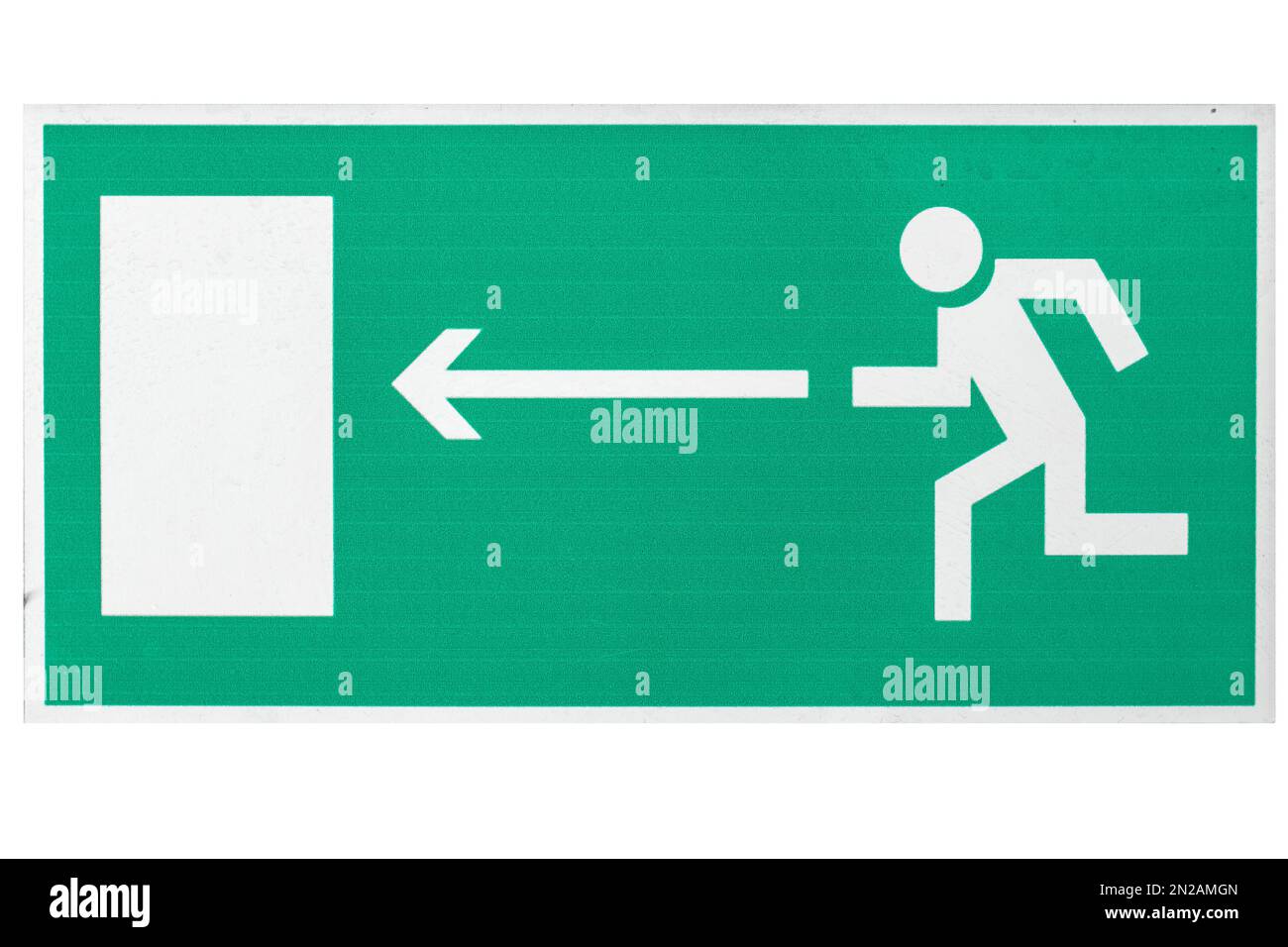 Board direction of exit from building during evacuation. Figure of man on arrow moves towards door. Green information plate in isolation on white background.. Stock Photo