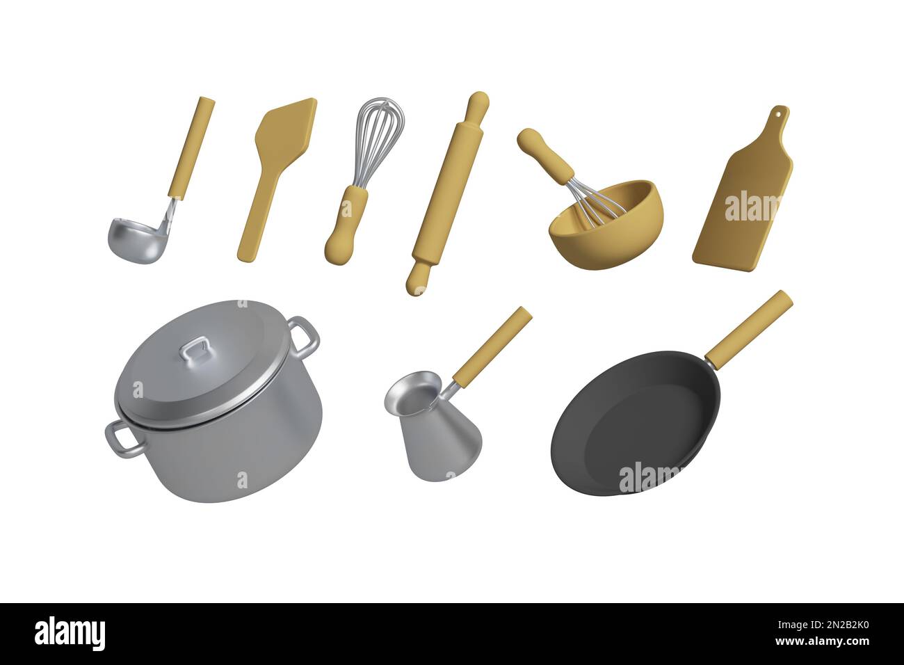 Ladle, spatula, whisk, board, pot, frying pan, coffee preparation.Realistic in the style of a children's cartoon Stock Photo