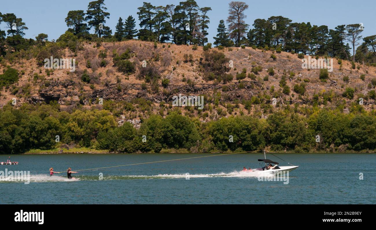 Water skiing on the Valley Lake at Mount Gambier, South Australia Stock Photo
