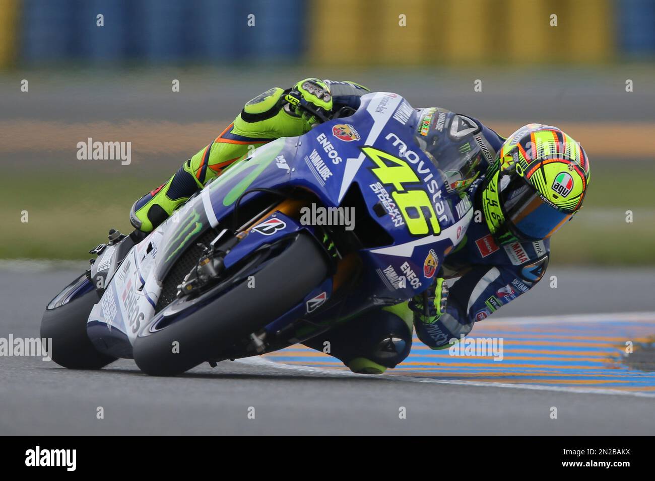 Italian Moto GP rider Valentino Rossi steers his Yamaha during the free practice session of the MotoGP World Championship at the Bugatti race track in Le Mans, western France, Friday, May 15,