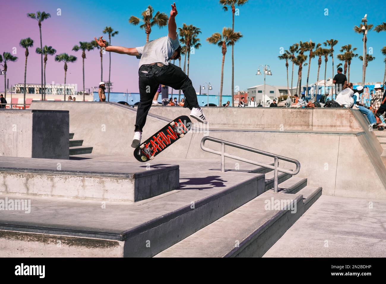 Rad skater flips out at Venice Beach Stock Photo