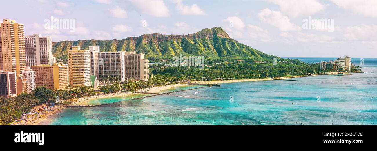 Hawaii waikiki beach in Honolulu city, aerial view of Diamond Head