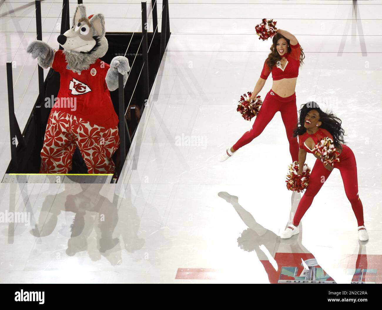 Phoenix, United States. 05th Feb, 2023. Kansas City Chiefs cheerleaders and mascot KC Wolf perform on stage before they speak to the media at the Super Bowl LVII Opening Night event in Phoenix, Arizona on Monday, February 6, 2023. The Philadelphia Eagles will play the Kansas City Chiefs in Super Bowl LVII at State Farm Stadium in Glendale, Arizona on Sunday, February 12th, 2023. Photo by John Angelillo/UPI Credit: UPI/Alamy Live News Stock Photo