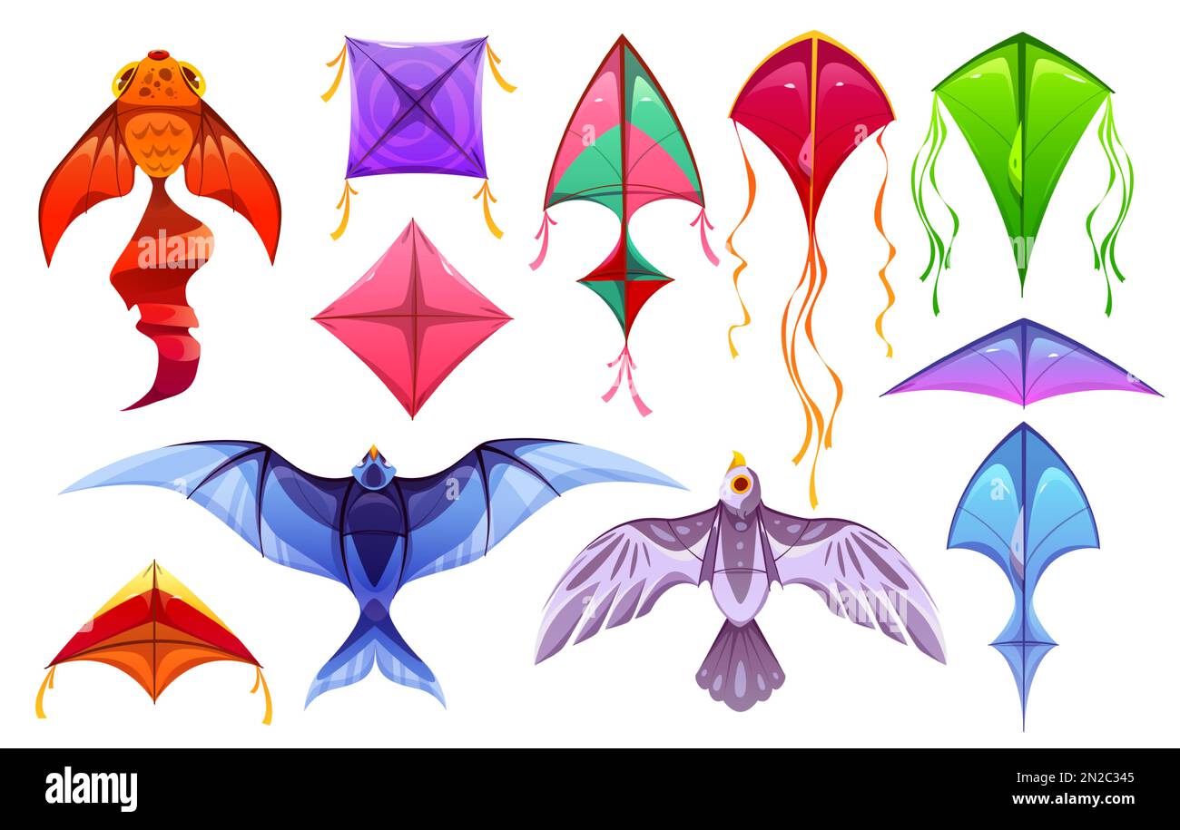 Cartoon set of colorful kites isolated on white background. Vector
