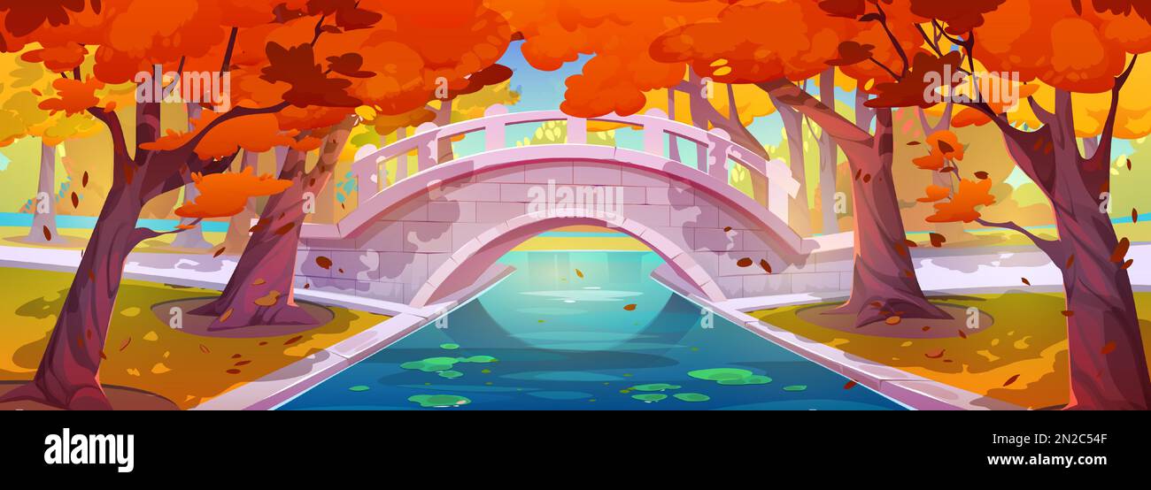 Autumn park landscape with bridge over pond, grass and trees with ...