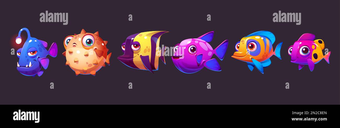 Set of cute vector cartoon fish for aquarium game. Isolated happy ...