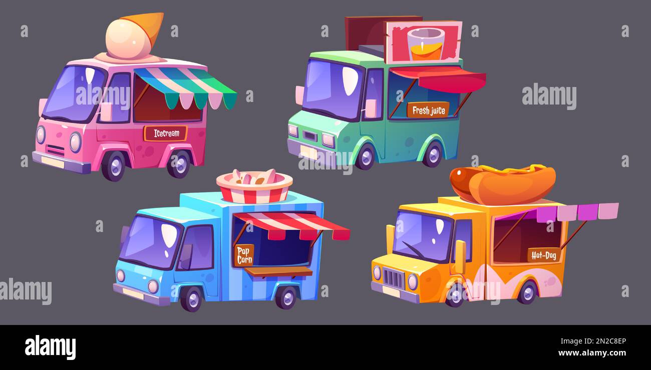 Set of cartoon truck with food. Fectival car with tent to sell ice