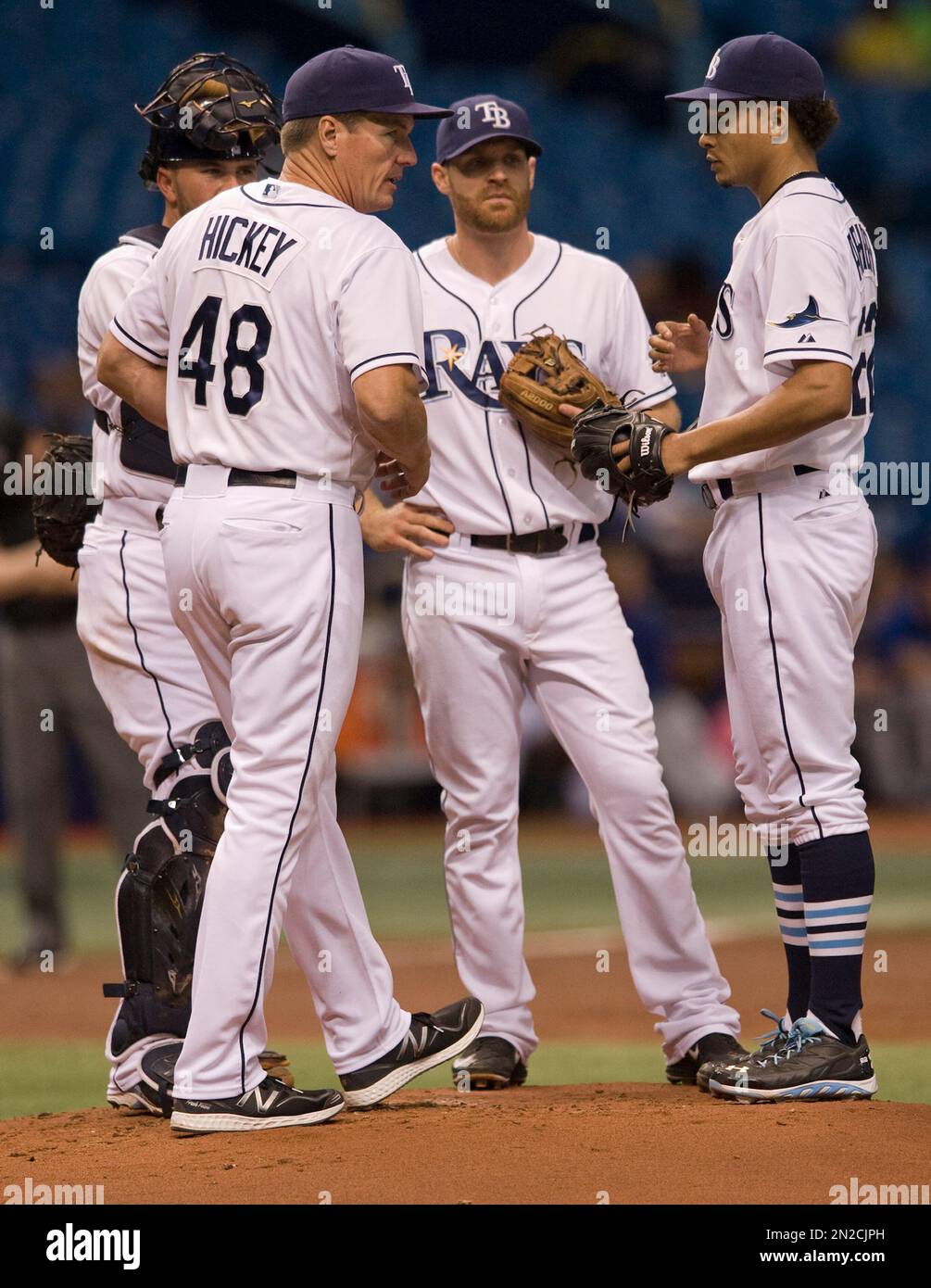 Tampa Bay Rays pitching coach Jim Hickey (48) comes to the mound to