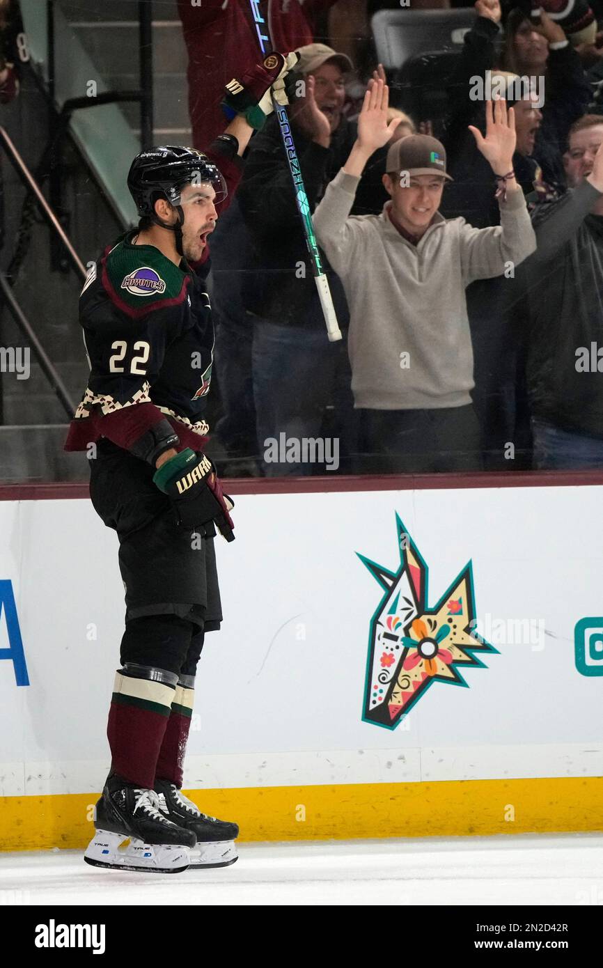 Arizona Coyotes center Jack McBain celebrates after scoring against the