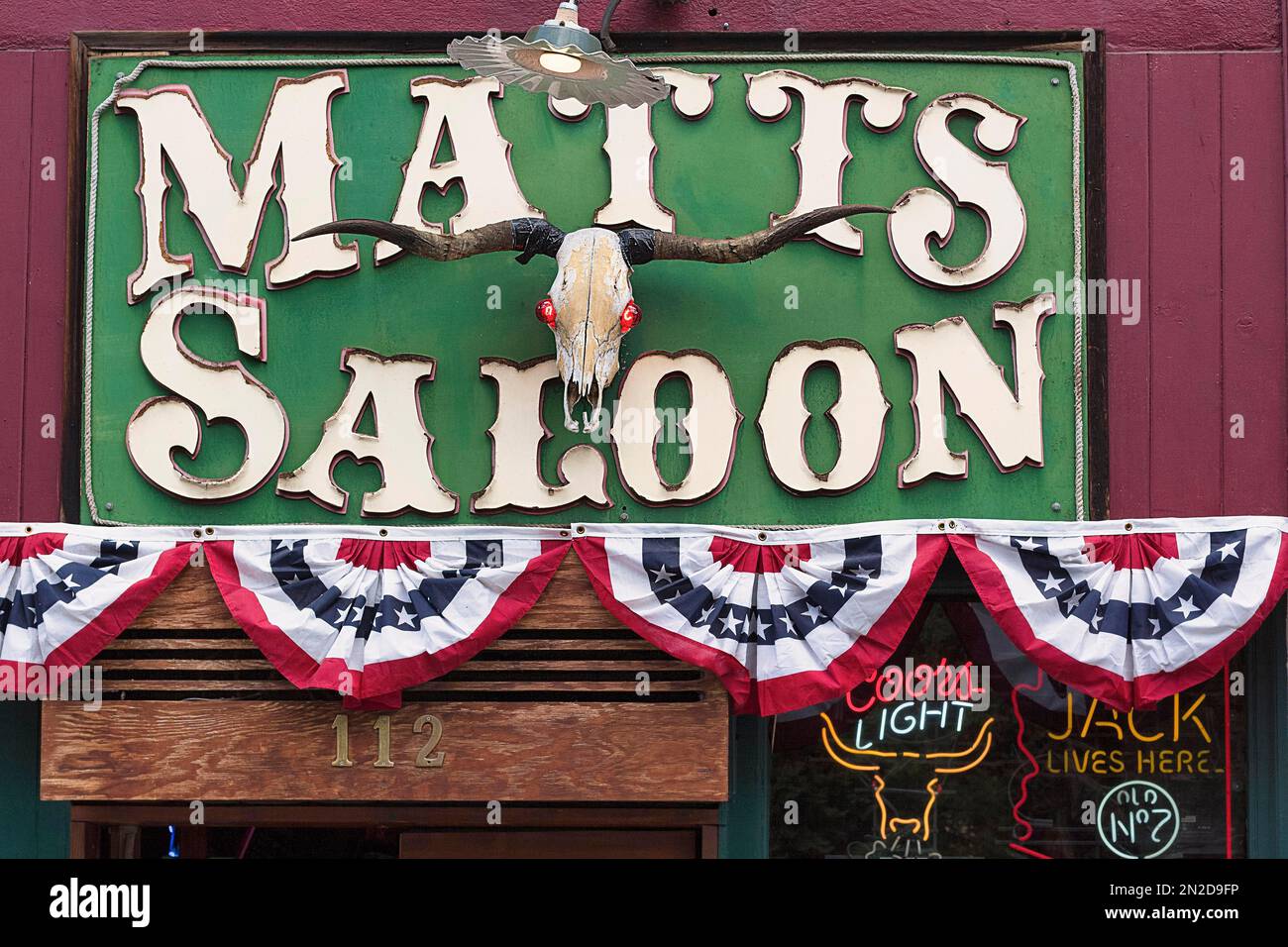 Unusually decorated facade with skull and horns from the Longhorn, Stars and Stripes, Matts