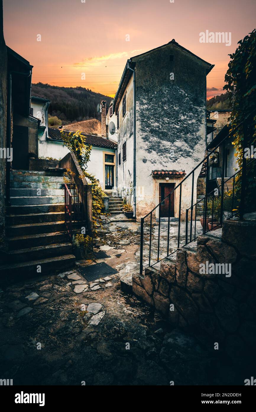 The old town of Moscenice, a mountain village with old houses narrow streets and many steps and attention to detail, Istria, Kvarner Gulf Bay Stock Photo