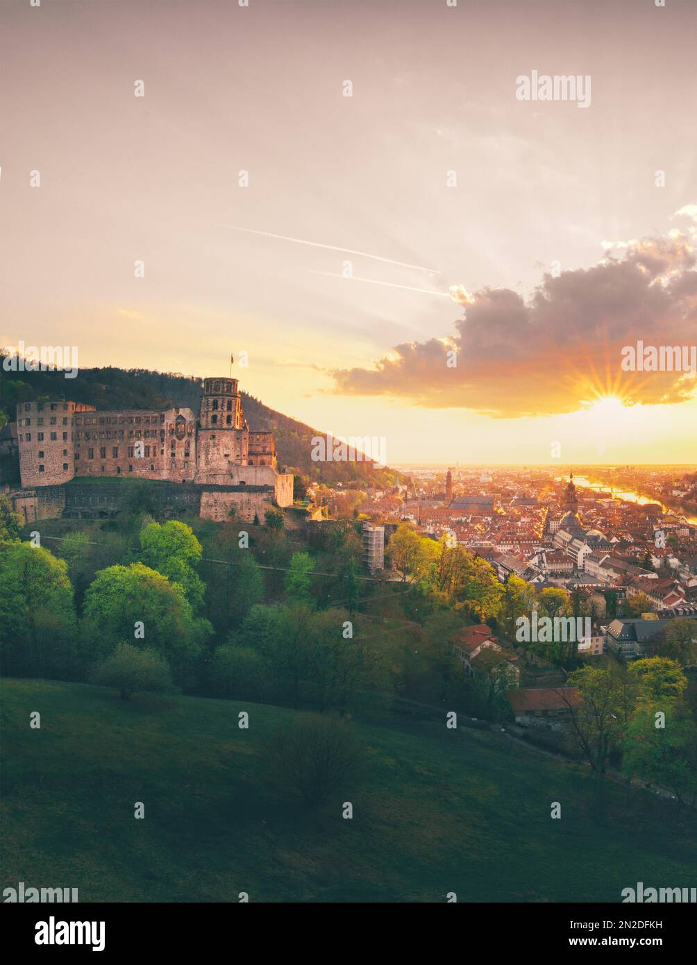 City view with Heidelberg Castle, castle ruins, sunset, backlight shot, Heidelberg, Baden-Wuerttemberg, Germany Stock Photo