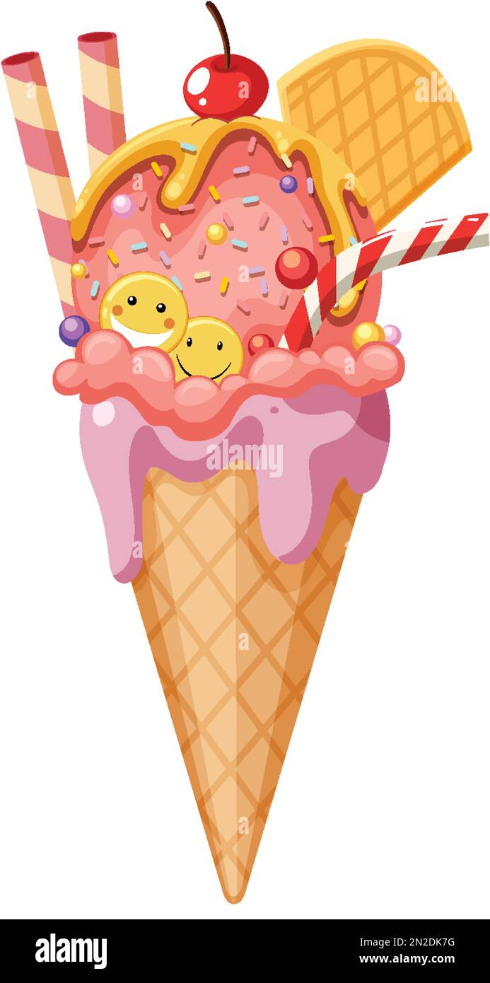 Strawberry ice cream wafer cone with toppings illustration Stock Vector