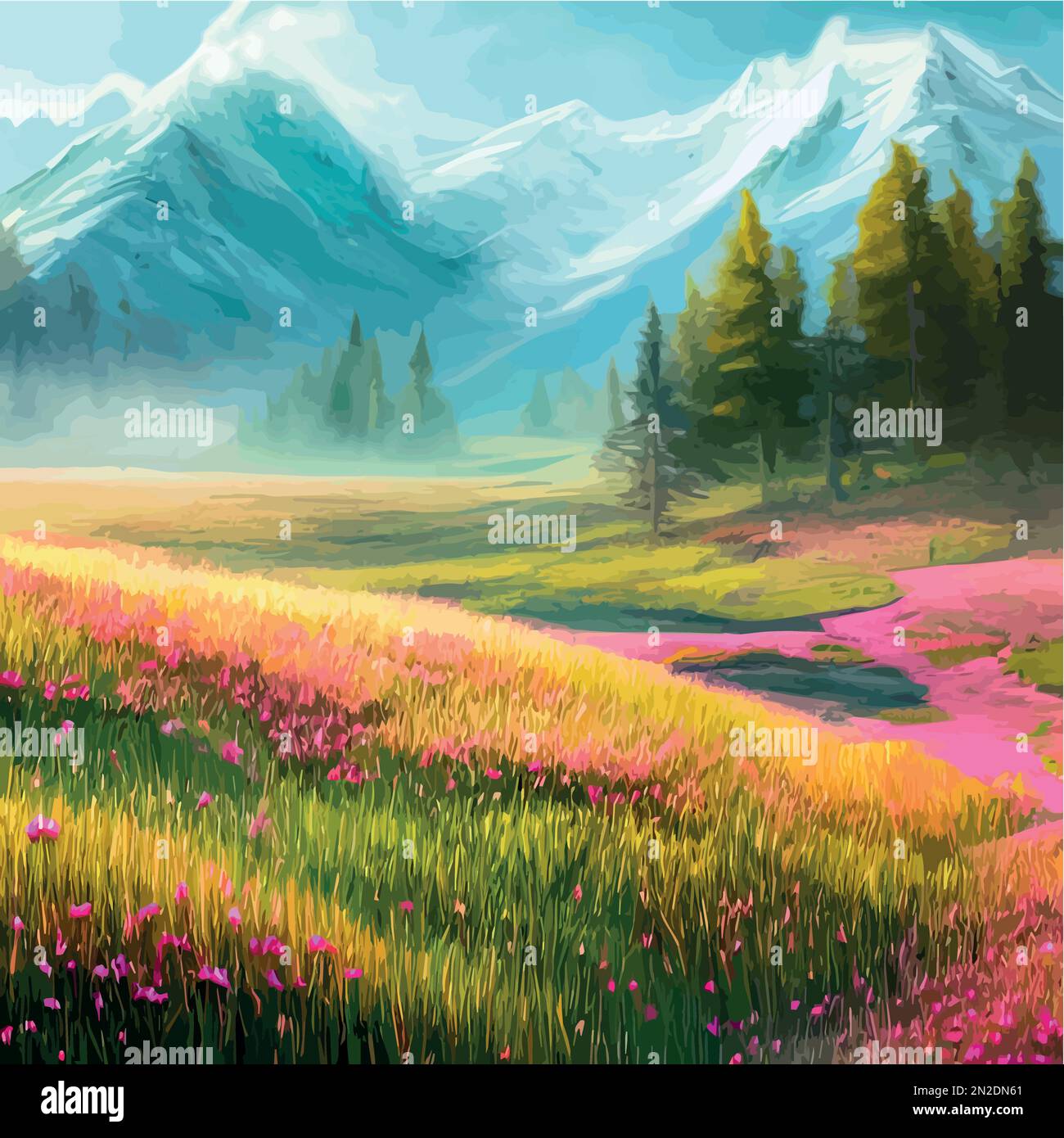 Beautiful field of tulips growing on the slope, mountains and sky ...