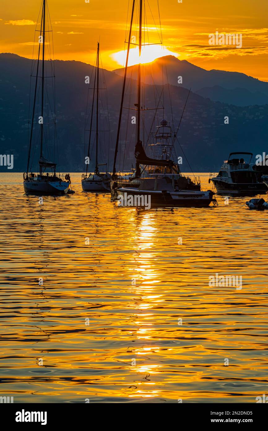 Sailboats at sunrise anchored in the bay of Portofino, Portofino ...