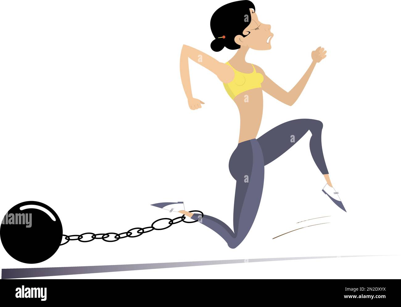 Hard training runner woman. Cartoon running woman with a heavy