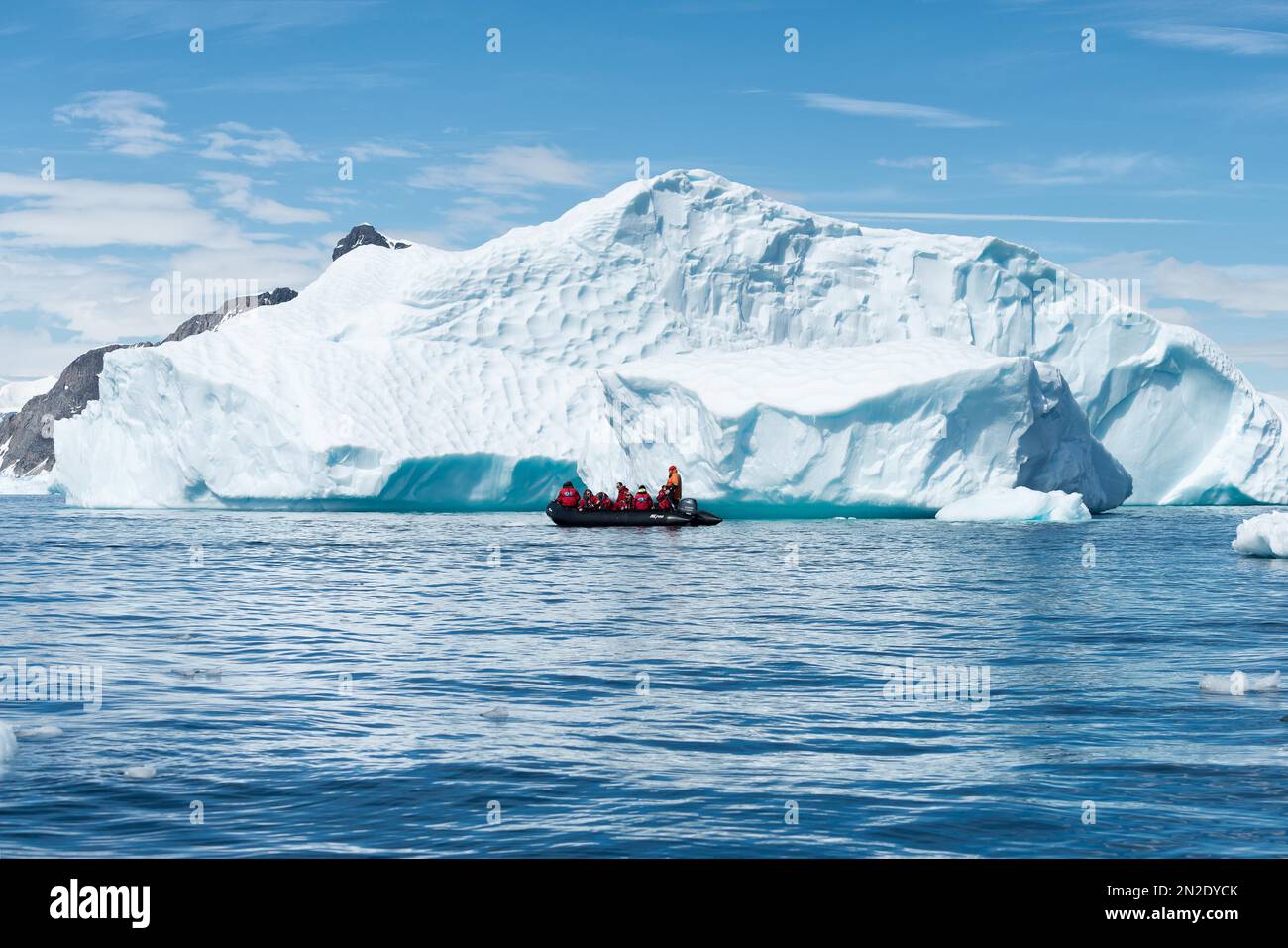 Zodiac trip around icebergs, Antarctica Stock Photo