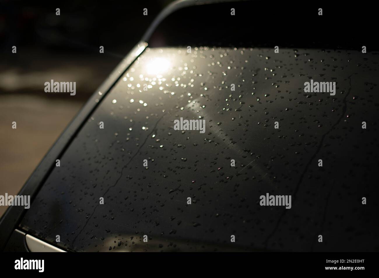 Black car rear window. Drops on rear window of transport. Light on car ...