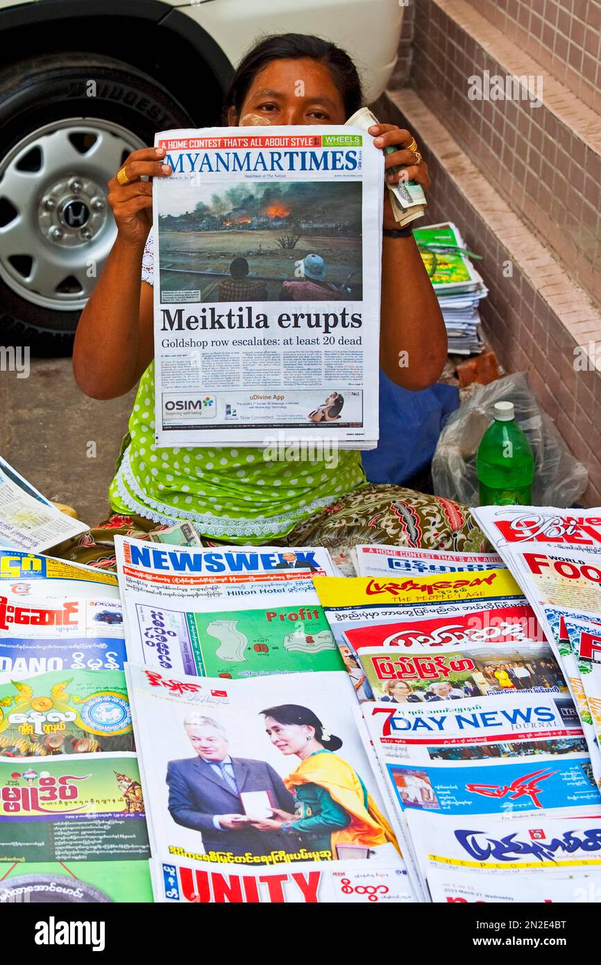 Newspaper vendor, Yangon, Myanmar, Yangon, Myanmar, Asia Stock Photo