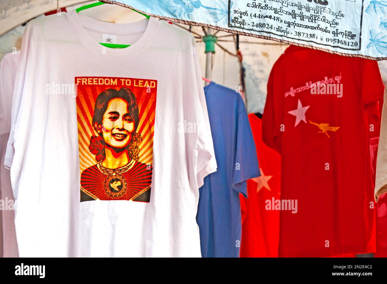 Aung San Suu Kyi on T-shirt, Yangon, Myanmar, Yangon, Myanmar, Asia Stock Photo