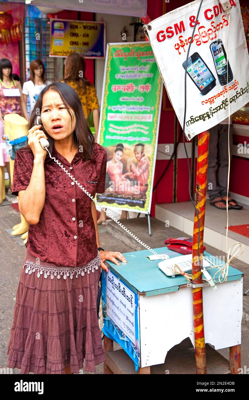 Roadside telephone booth, Yangon, Myanmar, Yangon, Myanmar, Asia Stock Photo