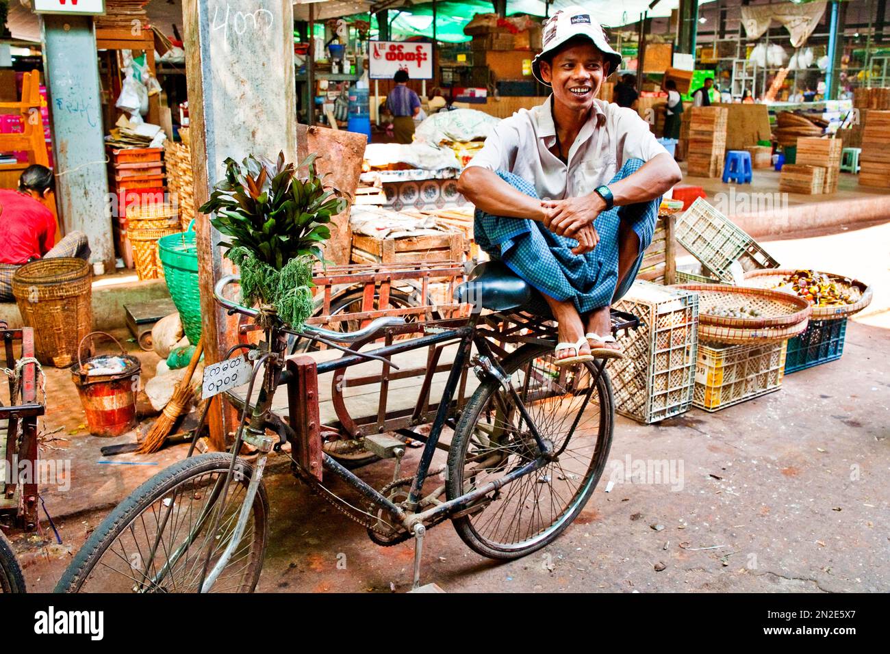 Cycle rickshaw, Thiri Mingaleay vegetable market, Yangoon, Myanmar, Yangoon, Myanmar, Asia Stock Photo