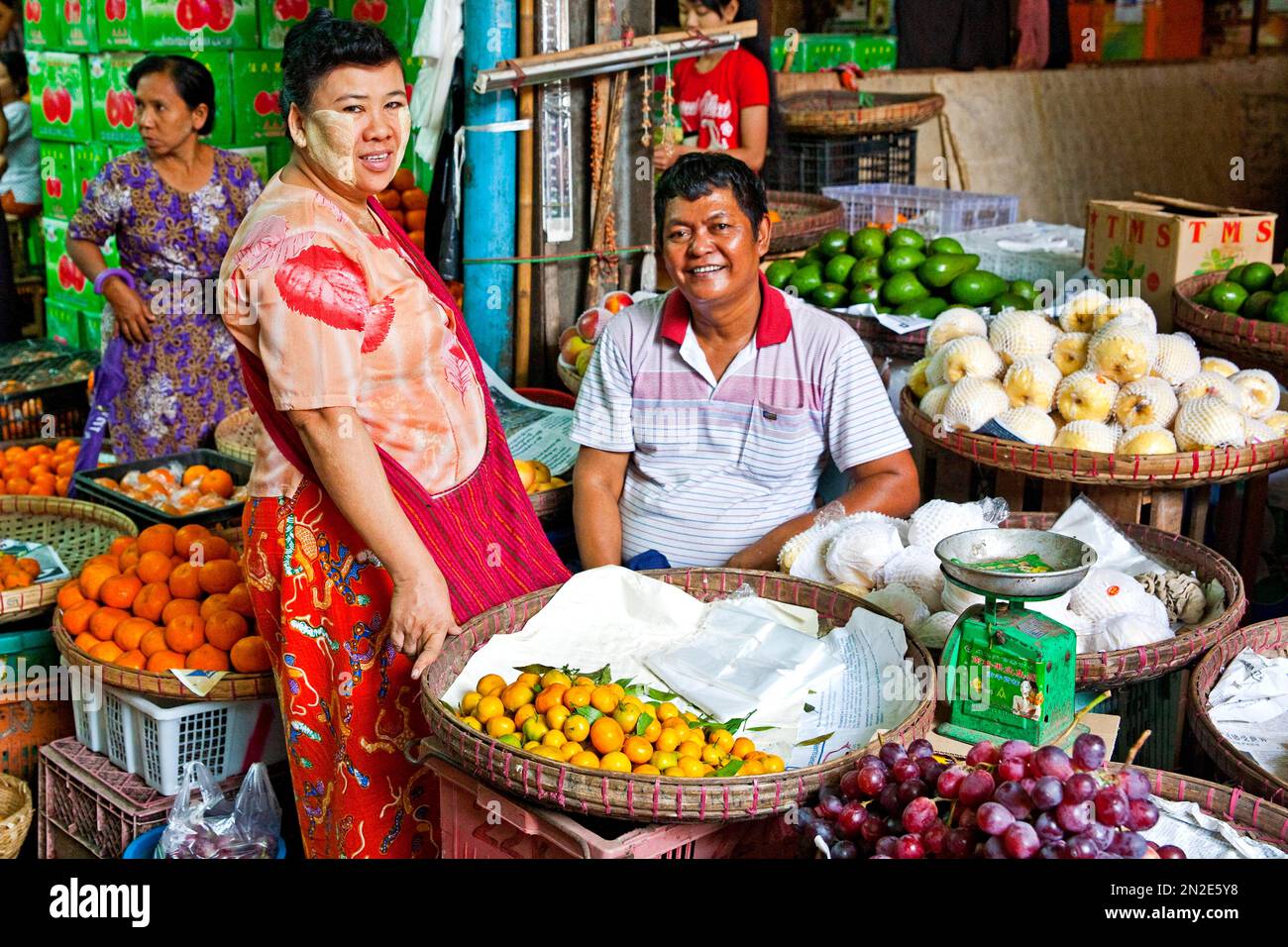 Fruit stall, vegetable market Thiri Mingaleay, Yangoon, Myanmar, Yangoon, Myanmar, Asia Stock Photo
