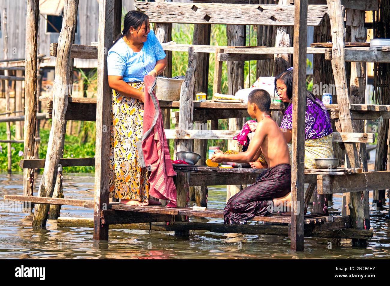 People washing, Inle Lake, Myanmar, Inle Lake, Myanmar, Asia Stock Photo
