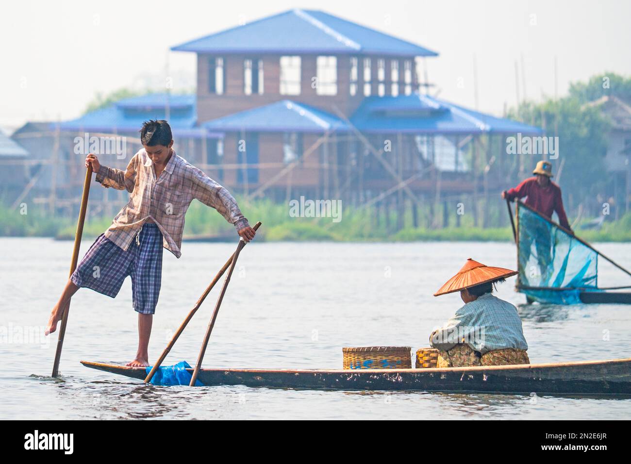 Fishermen with fish trap and nets, single-legged rower, Inle Lake, Myanmar, Inle Lake, Myanmar, Asia Stock Photo