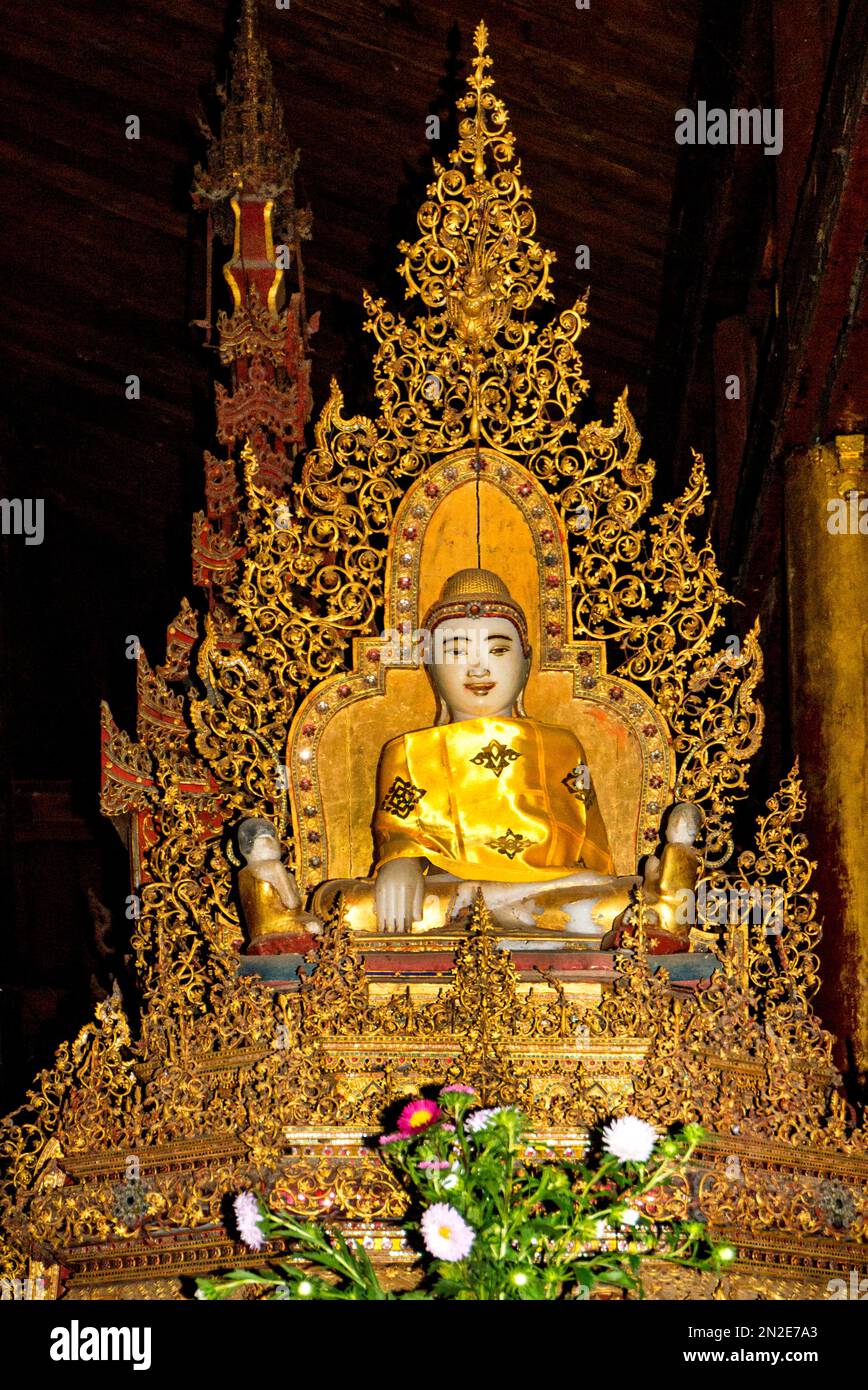 Shan style Buddha statues, Nga Phe Chaung Monastery, Inle Lake, Myanmar, Inle Lake, Myanmar Stock Photo