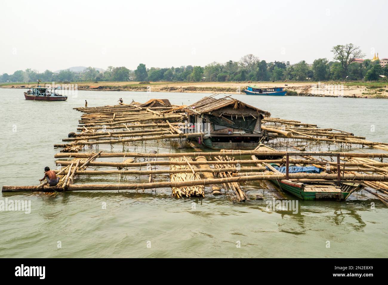 Wooden raft, Mingun on the Irrawaddy River, Myanmar, Mingun, Myanmar, Asia Stock Photo