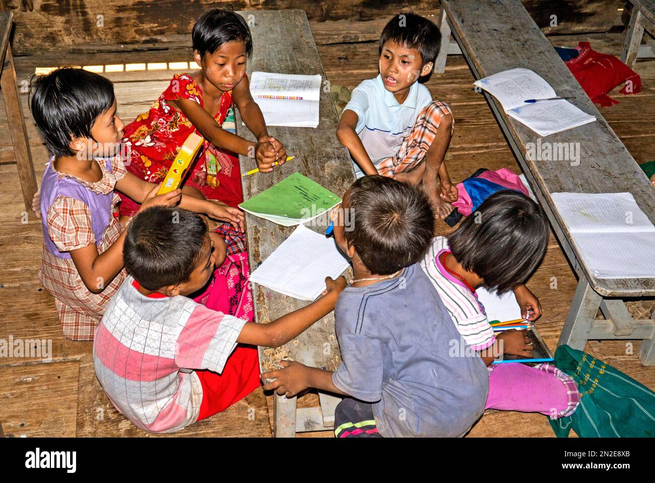 School lessons at Teak Monastery, Bagaya Kyaung, Inwa, Myanmar, Inwa, Myanmar Stock Photo