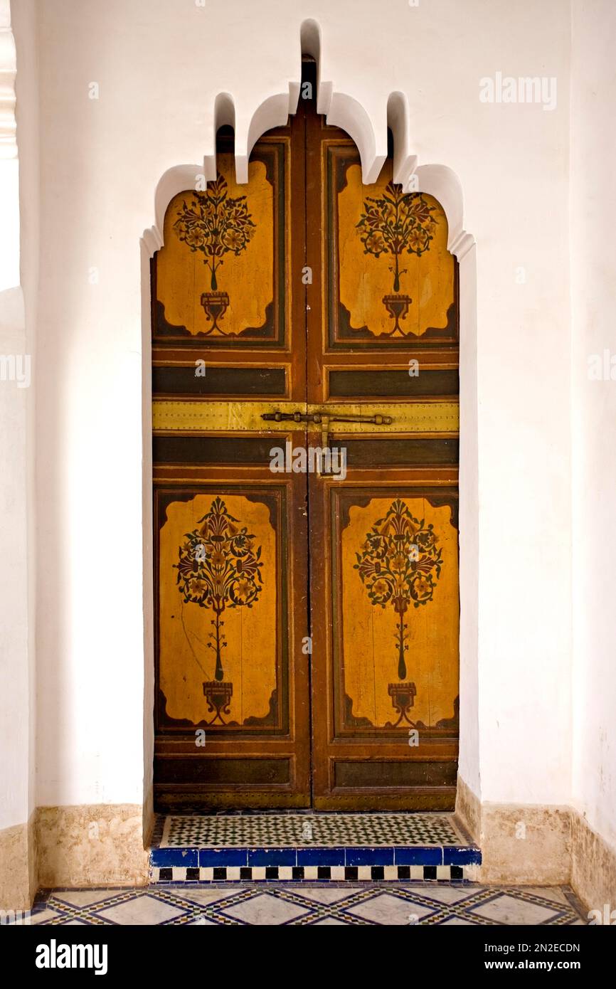 Precious wooden doors in the Palais de la Bahia, Marrakech, Morocco Stock Photo