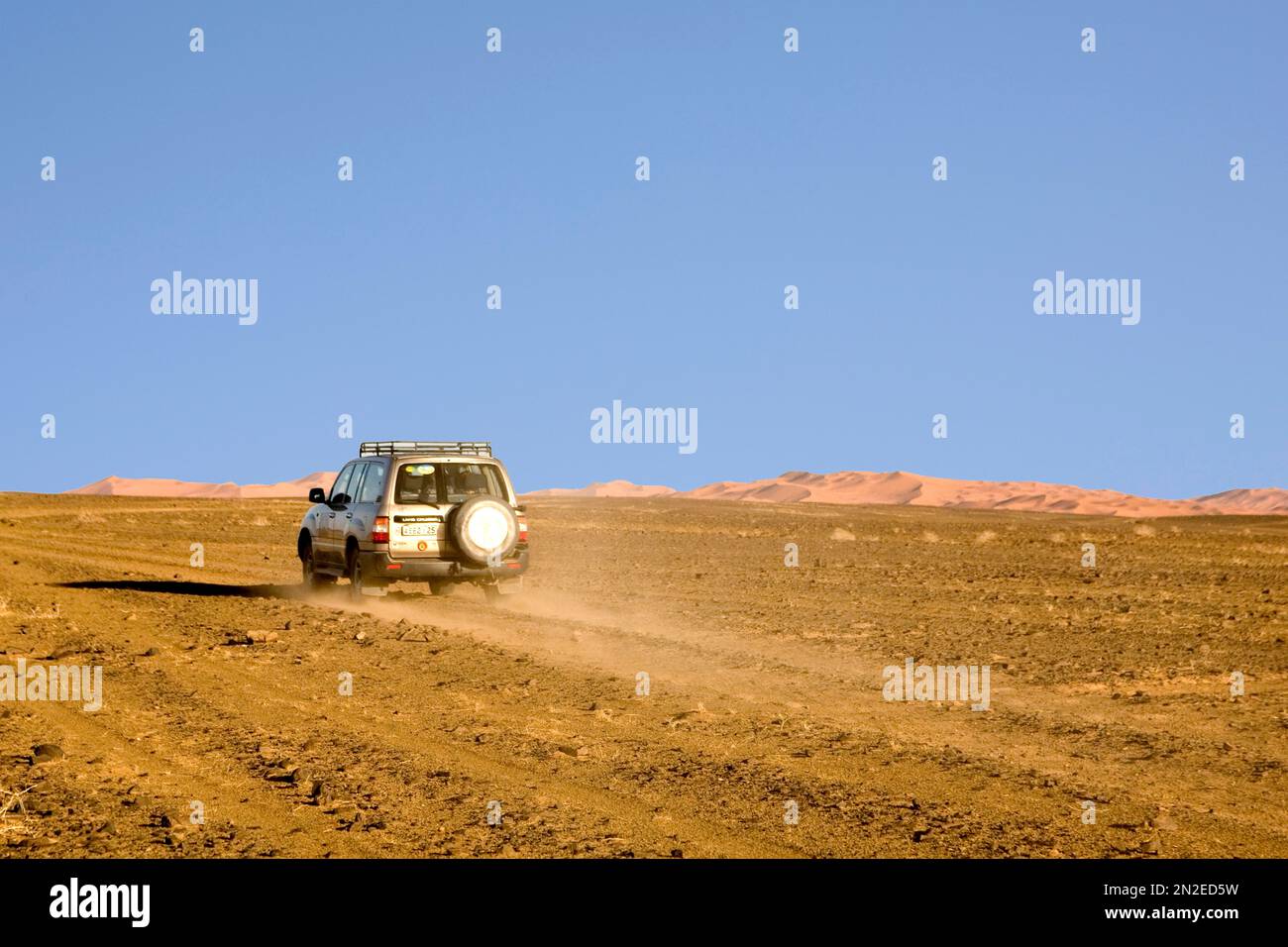 Jeep in the desert at Erg Chebbi, Erg Chebbi, Morocco, Africa Stock Photo