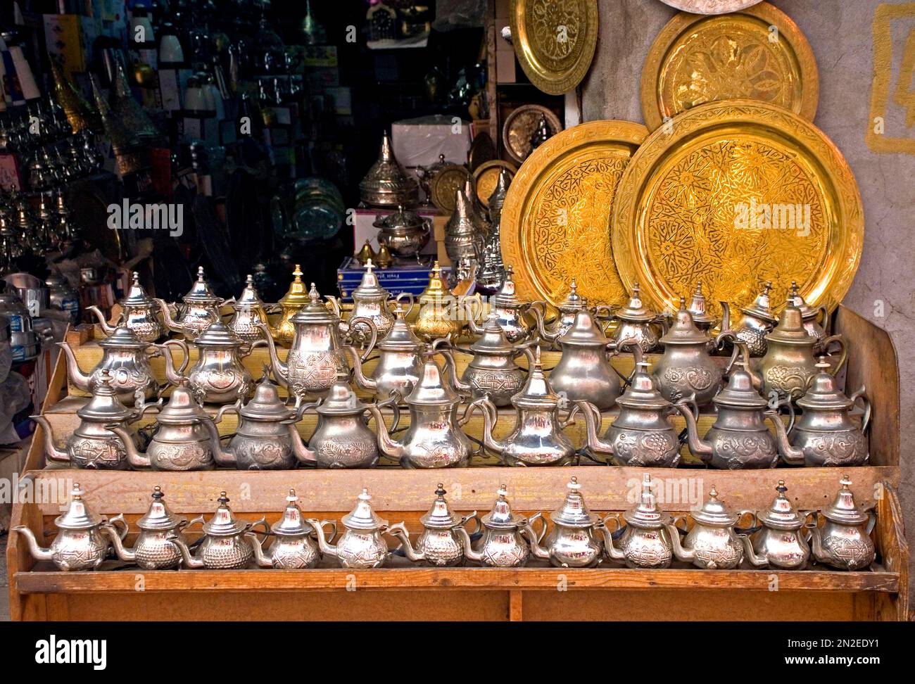 Artful coppersmithing in the souks of Fes, Fes, Morocco, Africa Stock Photo