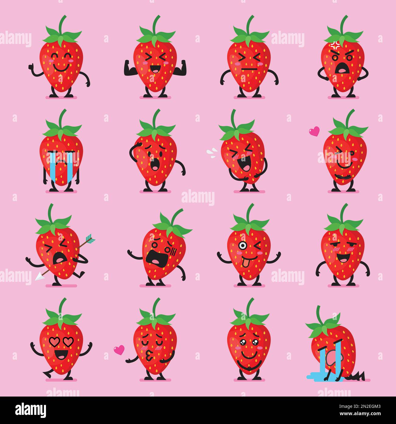 Strawberry character emoji set. Funny cartoon emoticons Stock Vector