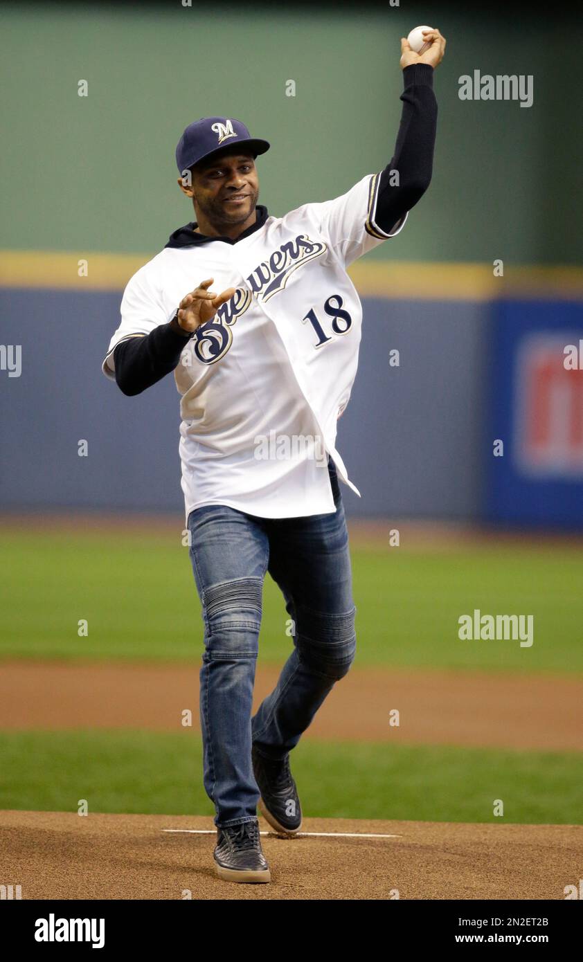 Green Bay Packers wide receiver Randall Cobb throws out a first pitch before the Milwaukee Brewers and St. Louis Cardinals baseball game Saturday, April 25, 2015, in Milwaukee. (AP Photo/Jeffrey Phelps) Stock Photo