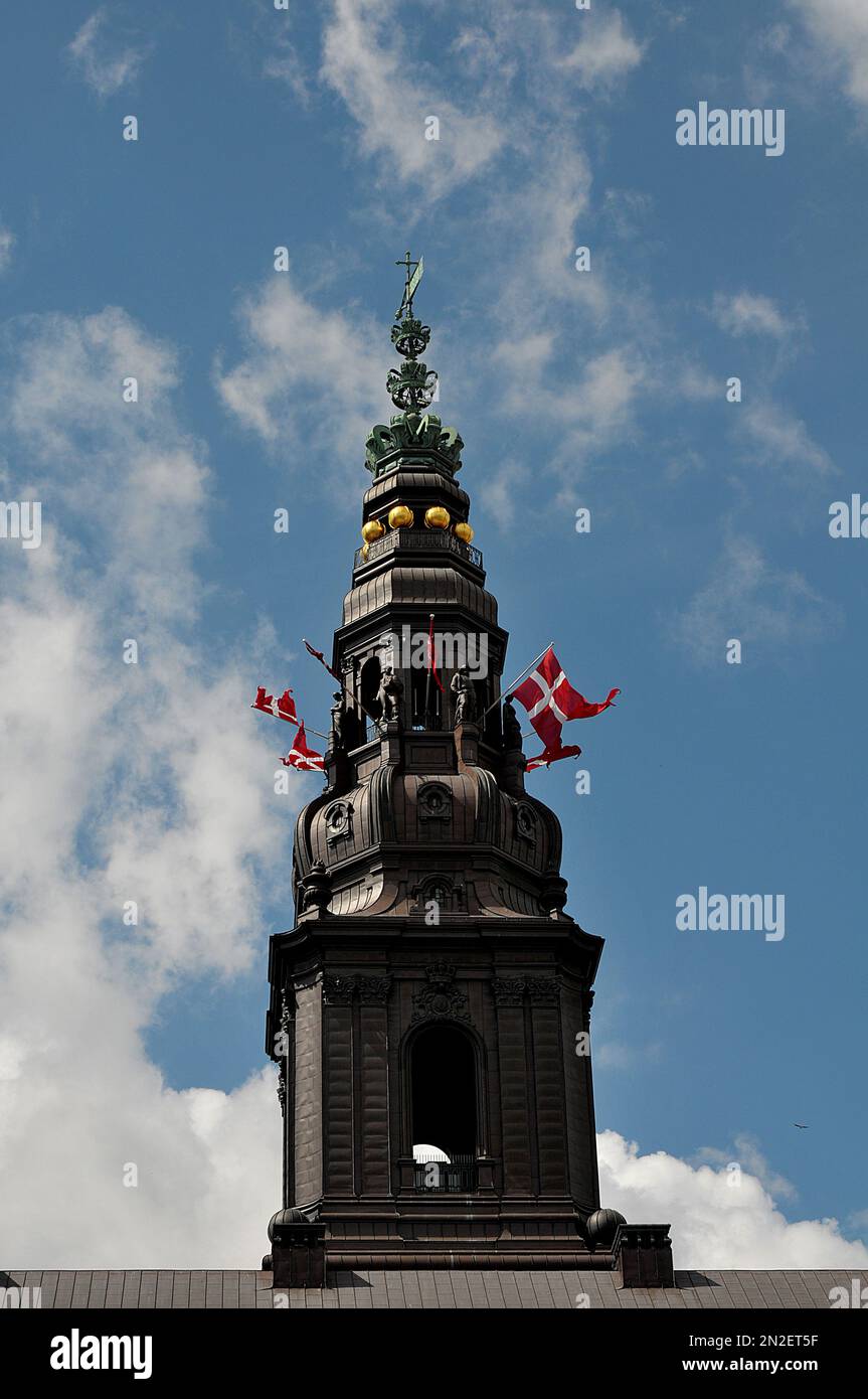 Copenhagen /Denmark./ 09 June 2019/Dannebrogs flys or danish flags fly over danish parliament Christiansborg castle due to whit sunday religious holyday naational wil have free on monday too due to whit sunday today and danish flags fly over banks public and official building.  . (Photo..Francis Dean / Deanpictures. Stock Photo