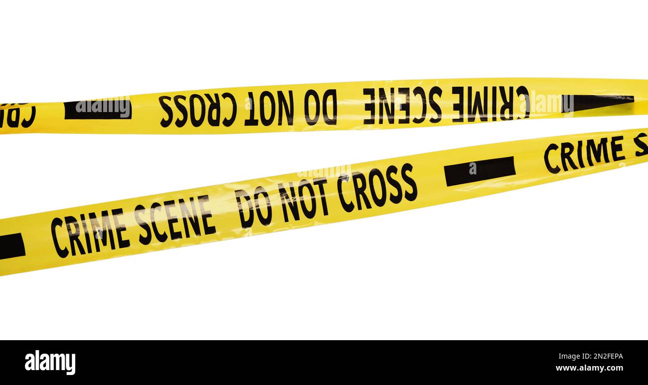 Yellow crime scene tapes isolated on white Stock Photo - Alamy