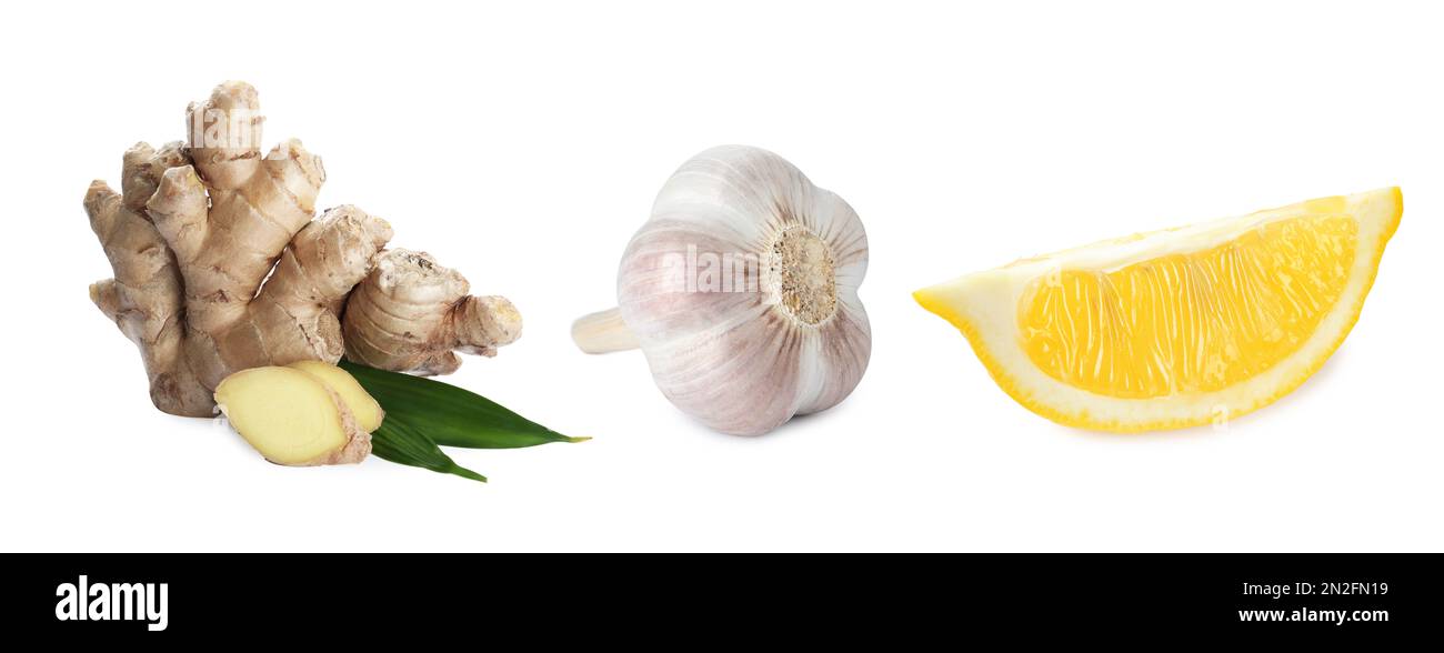 Ginger root, garlic and lemon on white background. Banner design Stock