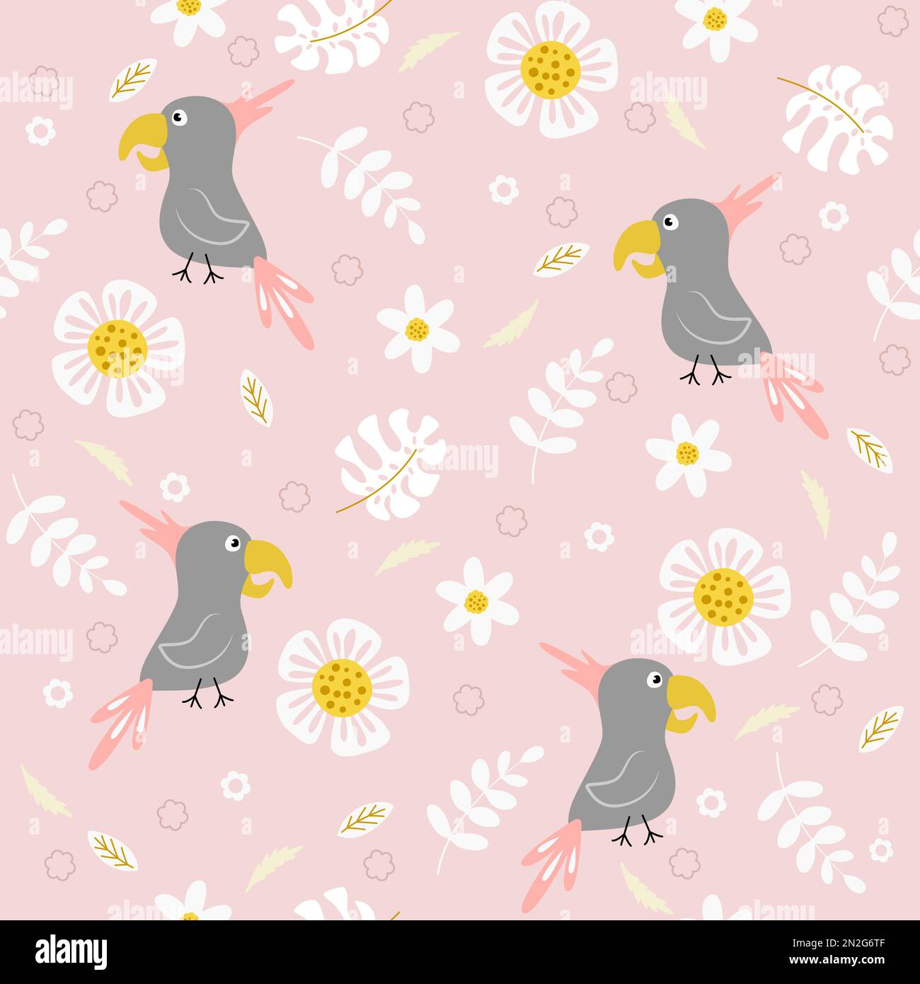Seamless pattern with tropical birds and plants, cartoon flat style. Colorful summer background Stock Vector