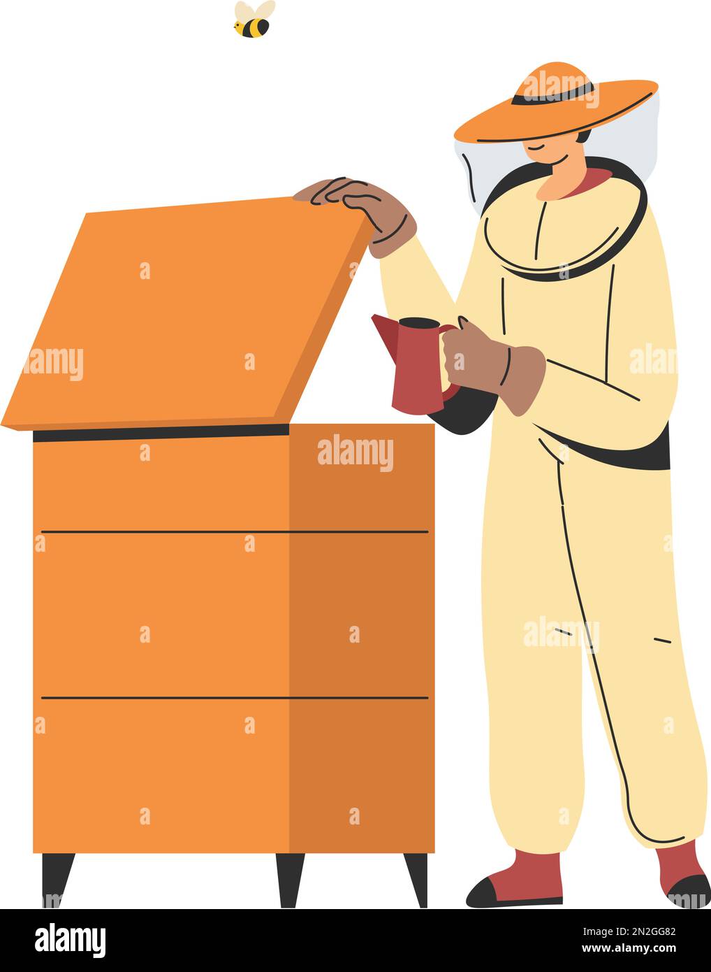Organic honey production and beekeeping hobby. Isolated apiculturist wearing protective suit caring for hive. Apiculture and farming, producing natura Stock Vector