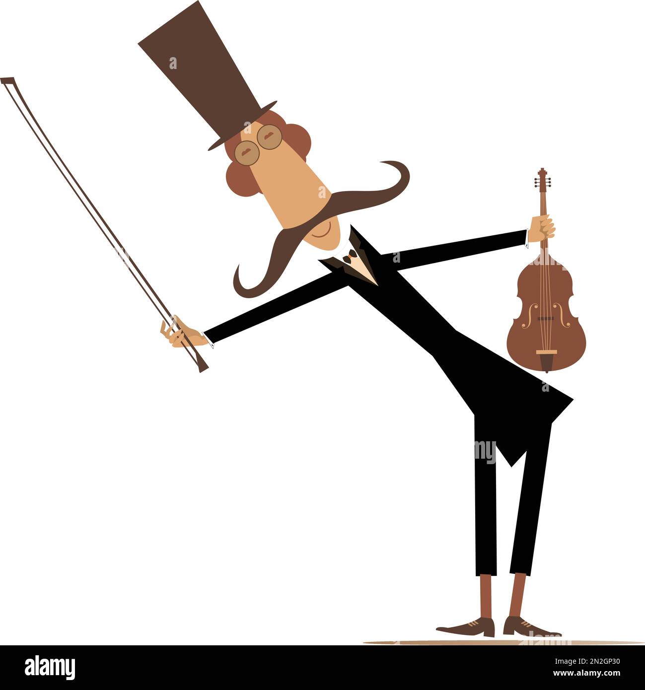Cartoon long mustache violinist illustration. Smiling mustache man in