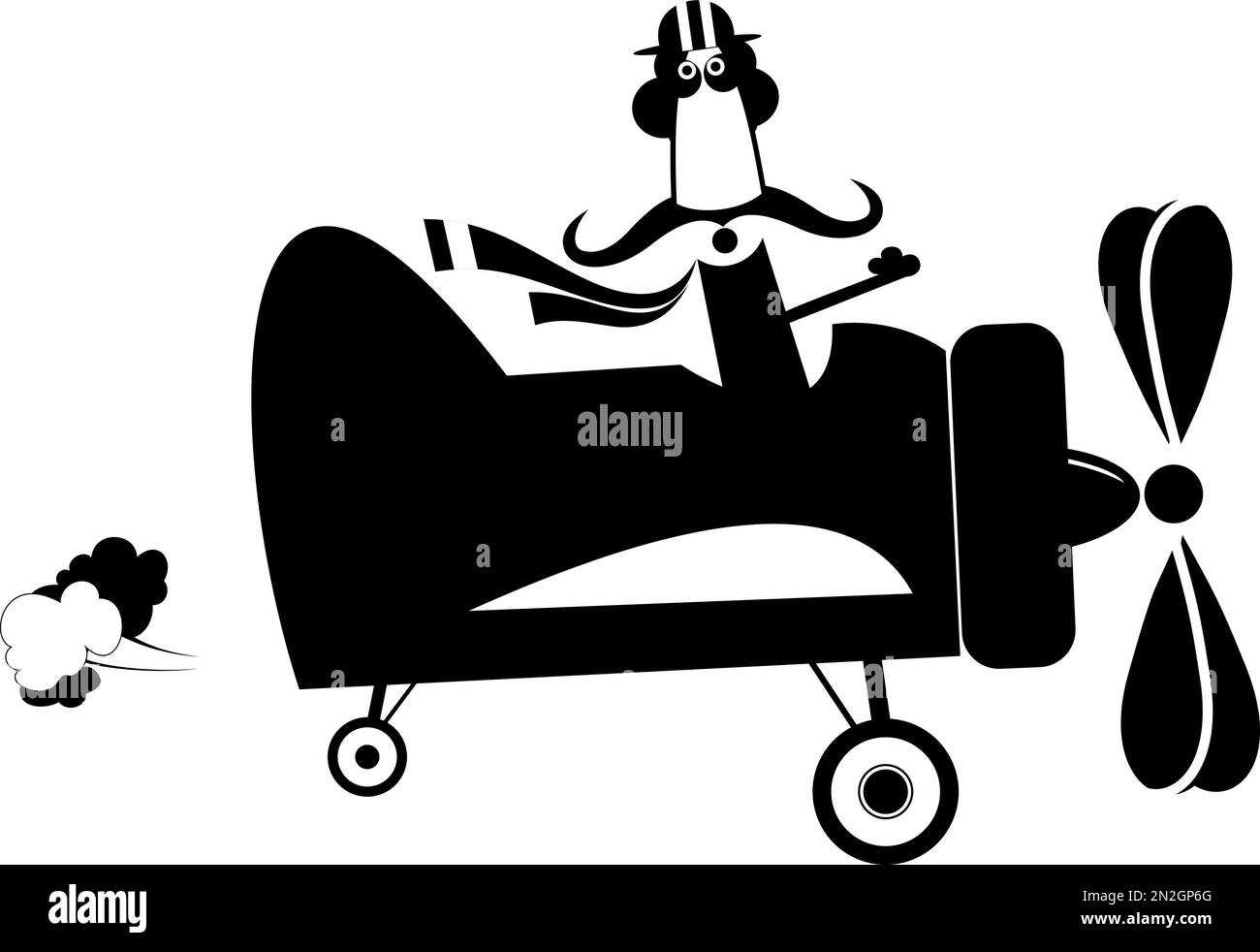 Cartoon mustache man flies on the airplane black on white illustration