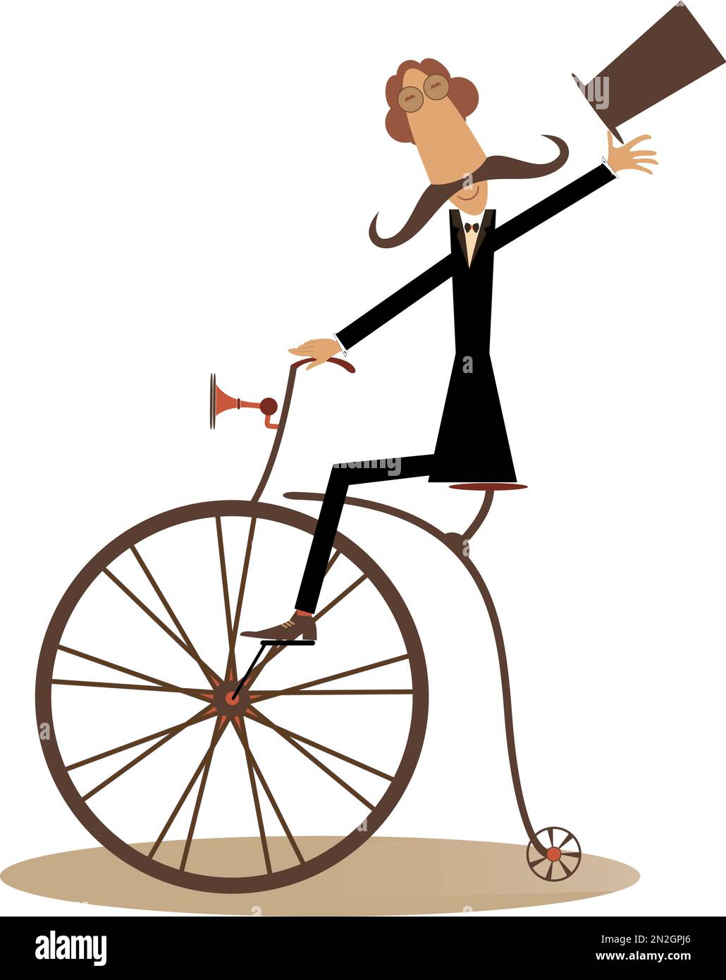 Cartoon man rides a retro bike isolated illustration. Long mustache