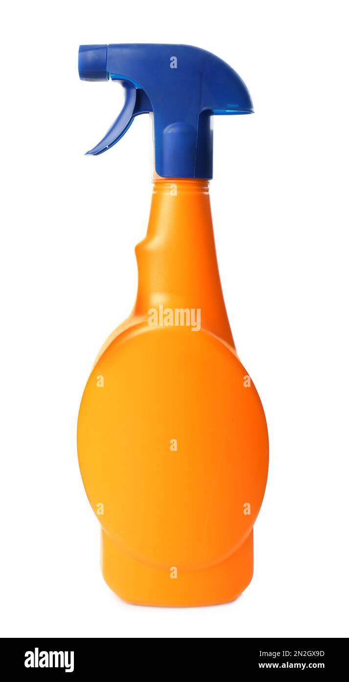 Orange spray bottle of cleaning product isolated on white Stock Photo