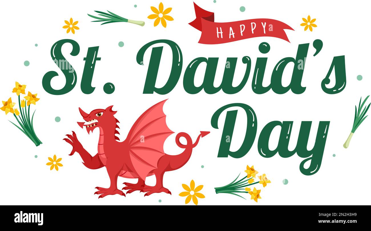 Happy St David's Day on March 1 Illustration with Welsh Dragons and Yellow Daffodils for Landing Page in Flat Cartoon Hand Drawn Templates Stock Vector